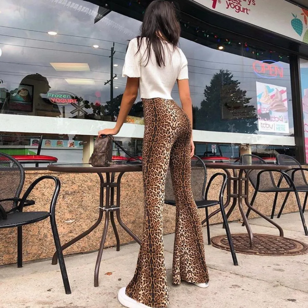 

BKLD High Waist Leopard Printing Casual Flare Pants Fashion Women 2018 Autumn Winter Sexy Streetwear Bodycon Long Party Trousers