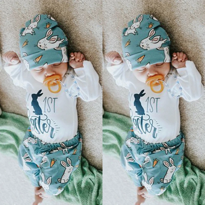 My 1st пасхальное боди с длинными рукавами, штаны с принтом кролика и шапочка, комплект для маленьких мальчиков