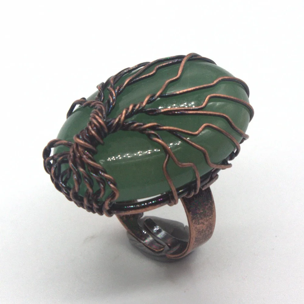 

100-Unique New Arrival 1 Pcs Copper Handmade Wire Wrap Oval Shape Adjustable Green Aventurine Finger Ring Charm Jewelry