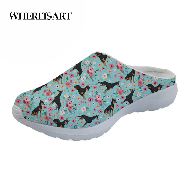 

WHEREISART House Summer Sandals Women Doberman Flower Printed Comfortable Slippers Female Loafers Casual Beach Sandals Slip-On