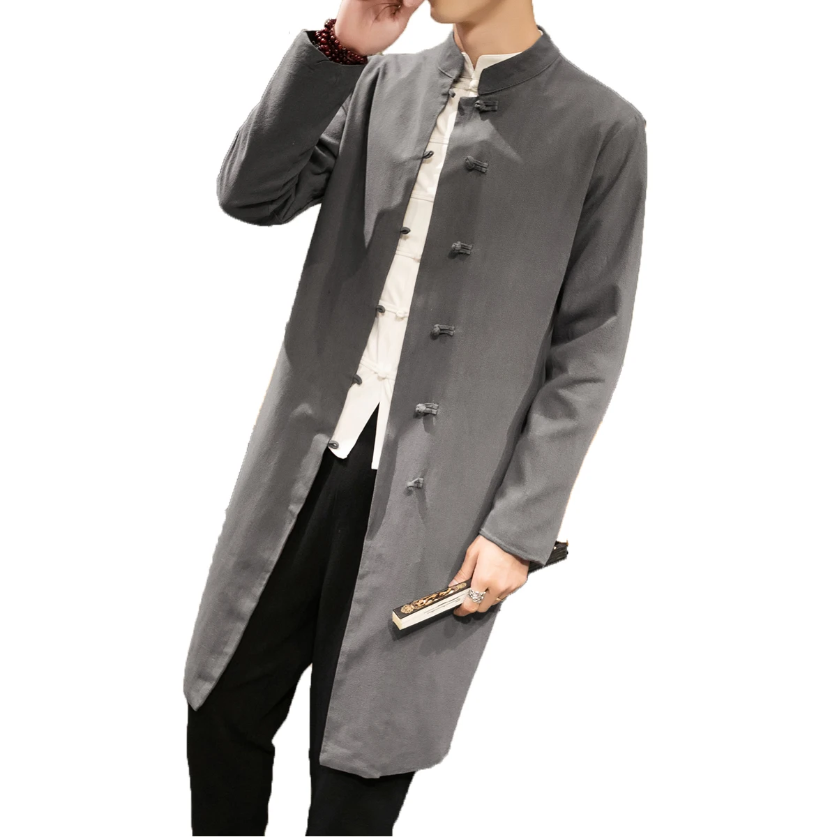 

Chinese style Male Linen Wind Coat Mandarin Collar Casual Solid Color Button Tang National Clothing Long Trench Outwear 5XL