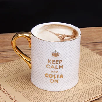 

350ML Brief Grid Pattern Ceramic Bone china Latte Coffee Milk Mug Gold Handgrip Home Drinkware Water Cup Office Black Tea Cup
