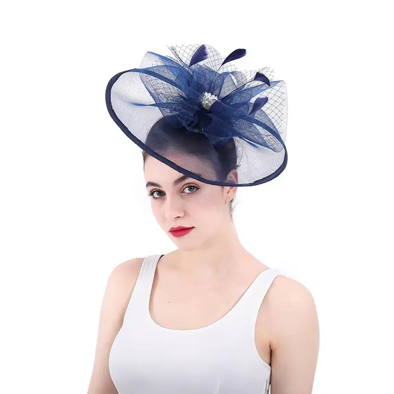 النمط الغربي أزياء بسيطة الزفاف كبيرة قبعة شبكة ريشة الديكور زهرة غطاء الرأس الزفاف مأدبة الحصان سباق مهرجان القبعات