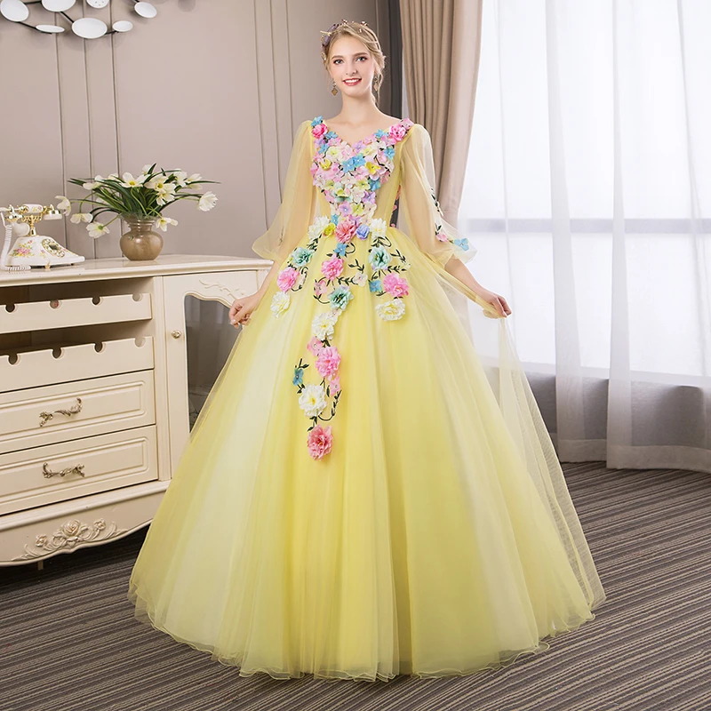 Trajes De Quinceaneras 2021 Новый желтого цвета с v образным вырезом длинным рукавом бальные