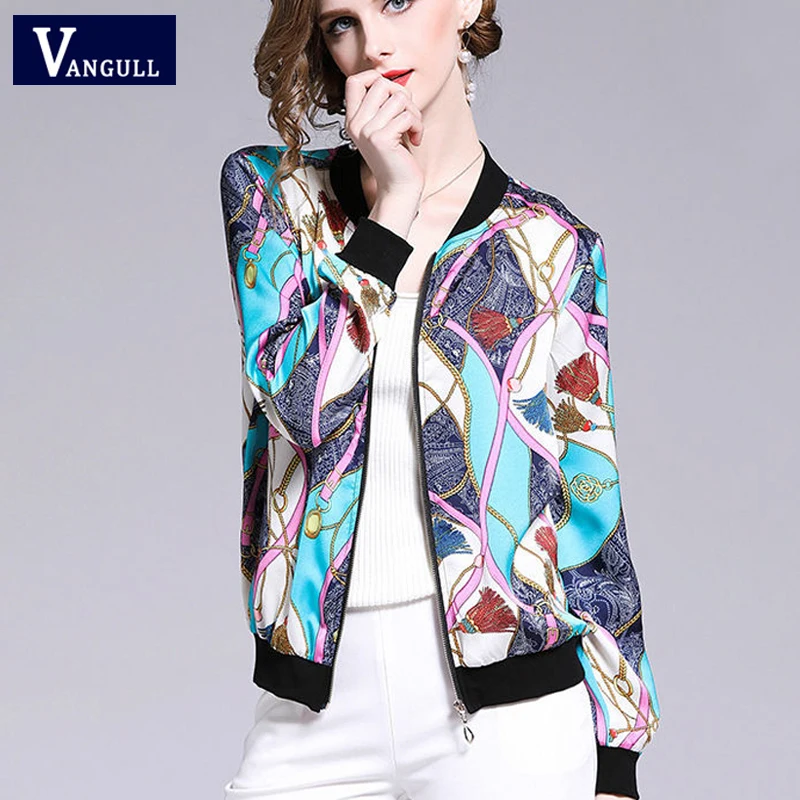 

Vangull Women Print Jacket Fashion Short Female Baseball Jacket Autumn Zipper Long Sleeve Outerwear Loose Large size Thin Coat
