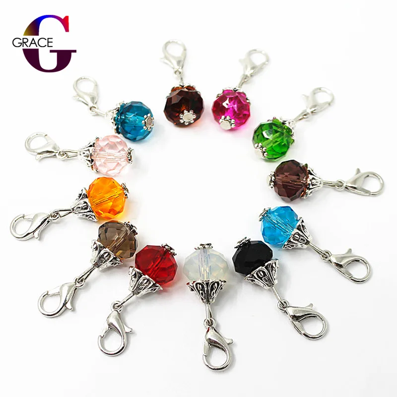 Mix 12 Month Birthstone Crystal Dangle Charms Floating Charms Lobster