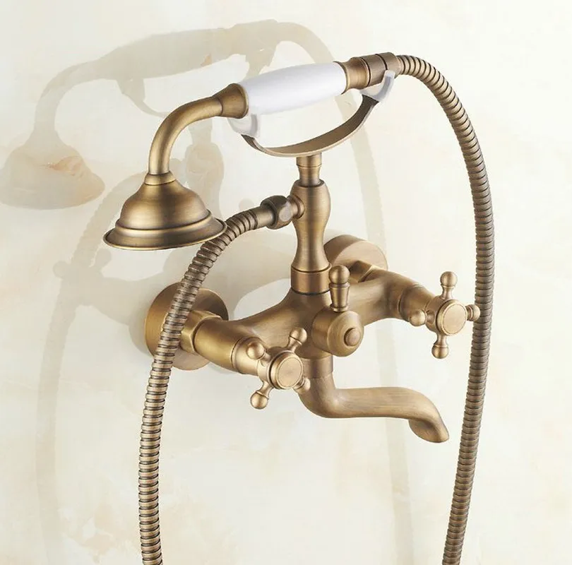 Antique Brass Wall Mount Telephone Euro Bath Tub Faucet Mixer Tap w/ Handheld Spray Shower Ntf150 5