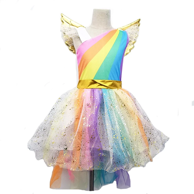 

Nwe Girl Unicorn Dress Up Kids Flying Sleeve Rainbow Party Dancing Tutu Dress Girls Christmas Pageant Tulle Cosplay Costume
