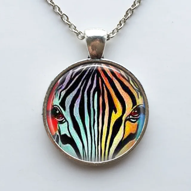 Zebra Necklace Zebra Jewelry Rainbow Jewelry Glass Dome Pendant Necklace Birthday Gift for Women