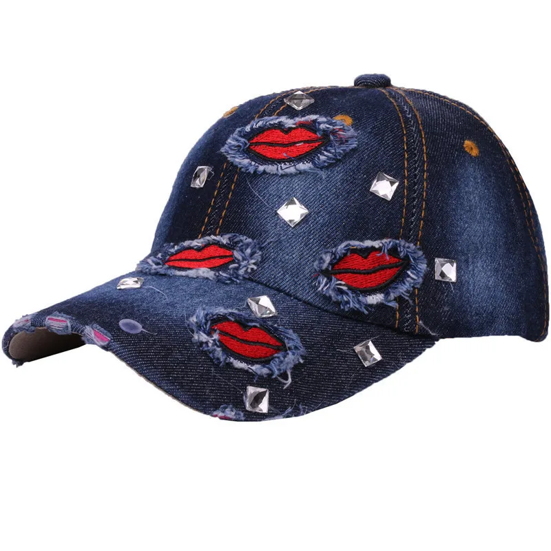 

2018 Summer Holidays Hats Unisex Fashion Denim Lip Patchwork Rhinestone Baseball Caps For Women Men Sun Adjustable Snapback Caps