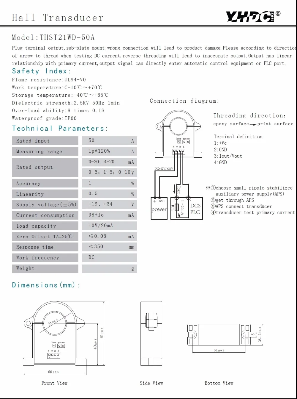 

Transducer product table THST21WD input 50A~500A DC output 0-20;4-20mA 0-5;1-5;0-10V