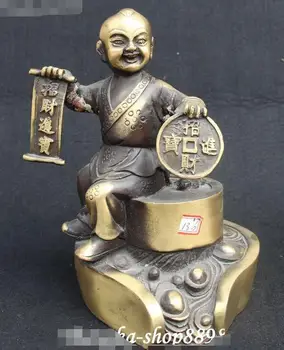 

Old Chinese Folk Antique Bronze Wealth Money Yuanbao Seat Tongzi Kids Boy Statue