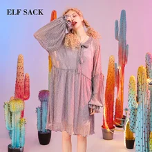 ELFSACK, летнее женское платье трапециевидной формы с v-образным вырезом, естественная талия, Полосатое платье с бантом, рукав-бабочка, длина до колена, женские платья, одежда для девочек