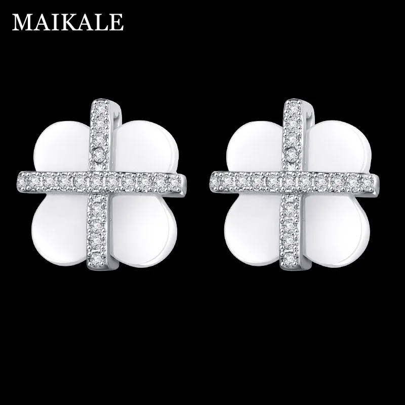 

MAIKALE Trendy Flower Ceramic Stud Earrings AAA Cubic Zirconia Gold Silver Color White Earrings For Women To Send Friend Gifts
