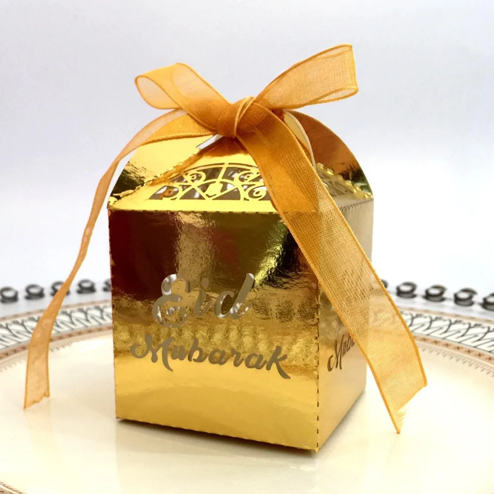 

50pcs Gold Silver Happy EID Mubarak Candy Gift Box EID Chocolate Folding Case Ramadan Decorations Islamic Party DIY M21