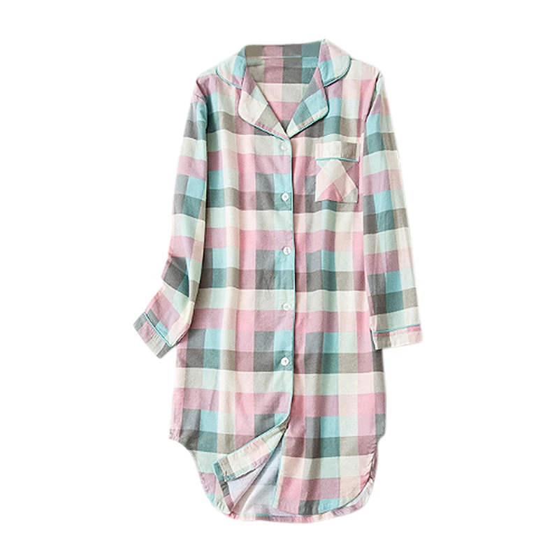 

Women Turn-down Collar Long Sleeve Sleep Wear Lattice Nightgowns Casual Nightgowns