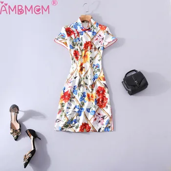 

Printing 2019 Improvement Retro Vertical Collar Trimming A-step Skirt Buttocks Skirt Banquet High-quality Upgraded Women Dress