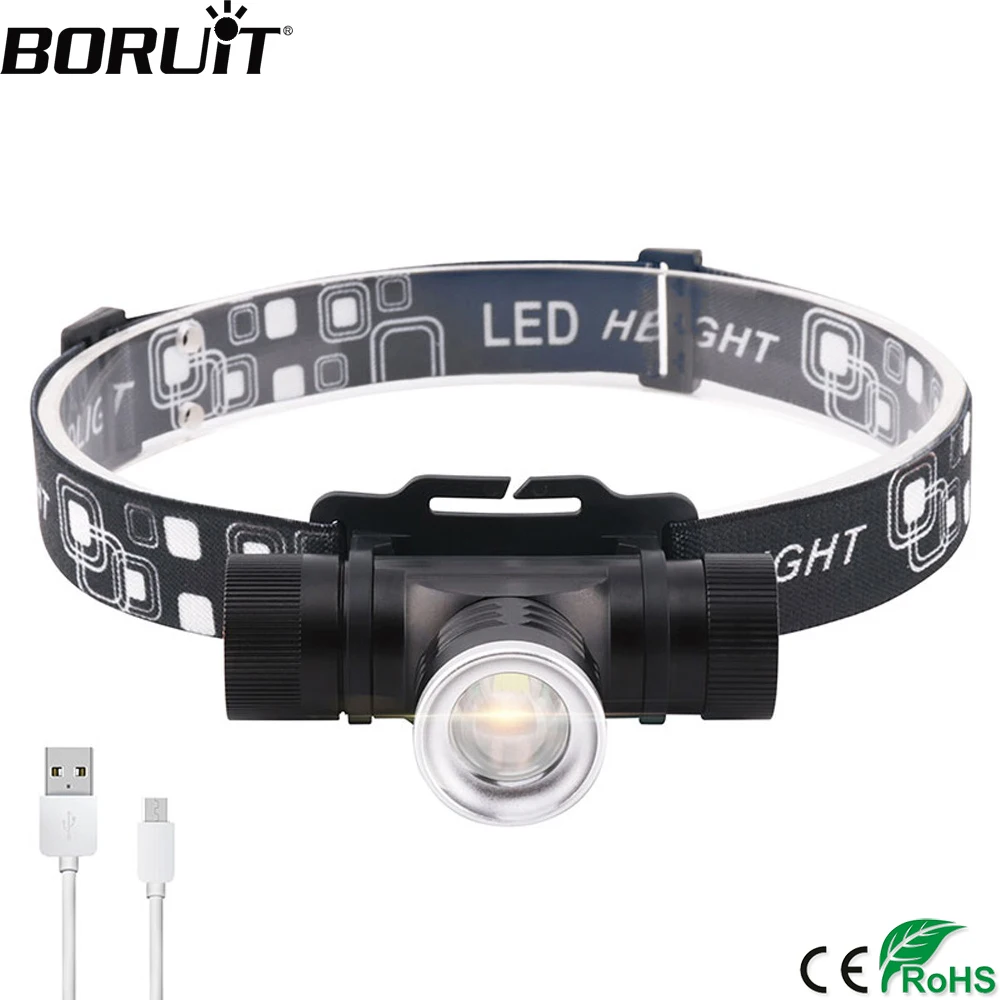 Best BORUIT 1000LM T6 LED Headlamp 3 Mode Zoomable Headlight USB Charger 18650 Battery Head Torch Waterproof Camping Flashlight