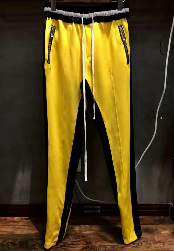 

2018 Winter best version justin bieber FOG Yellow black stripes splice men pants hip hop pocket foot Side zipper jogger pants