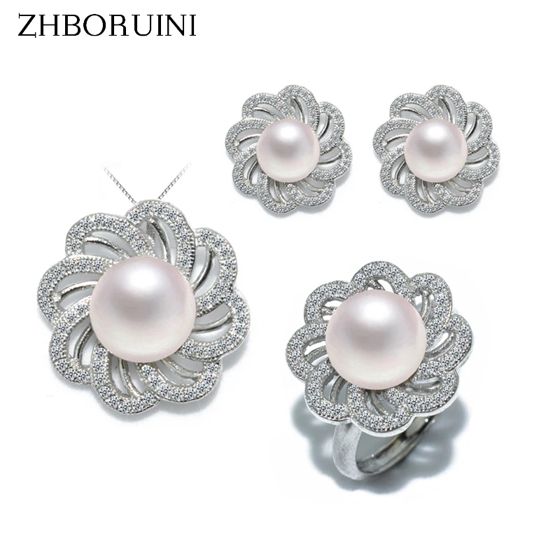 ZHBORUINI Fashion Pearl Jewelry Set Natural Freshwater Pearl Flower Necklace Earrings Ring 925 Sterling Silver Jewelry For Women ZHBORUINI Fashion Pearl Jewelry Set Natural Freshwater Pearl Flower Necklace Earrings Ring 925 Sterling Silver Jewelry For Women