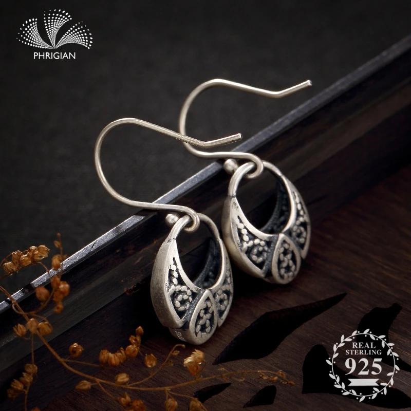 

NOT FAKE S925 Fine Jewelry Earrings Sterling Silver Women Antique store Vintage Nature Retro Exquisite drop water tears Thai
