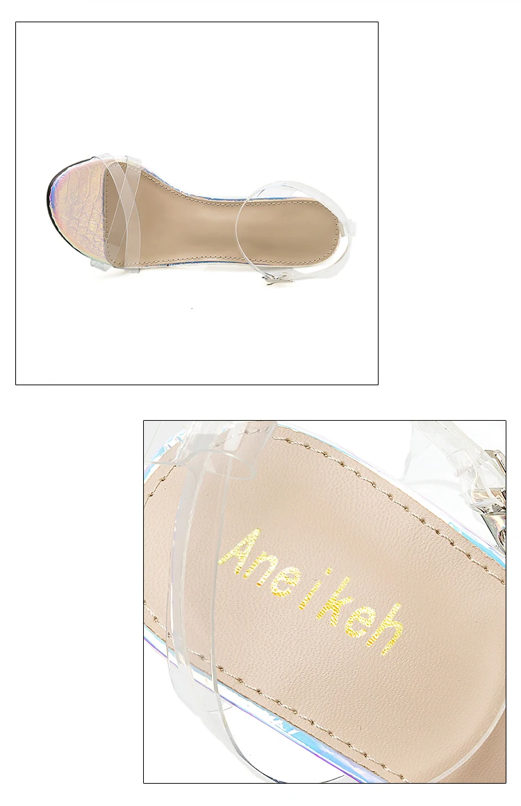 Aneikeh Women Sandals Ankle Strap Perspex High Heels PVC Clear Crystal Concise Classic Buckle Strap High Quality Shoes size35-42