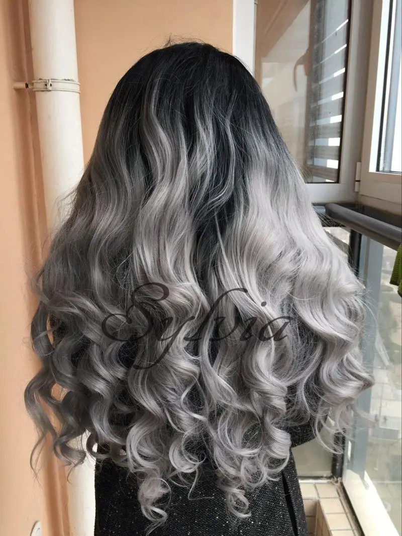 Fashion Ombre Silver Grey Bodywave Synthetic Lace Front ...