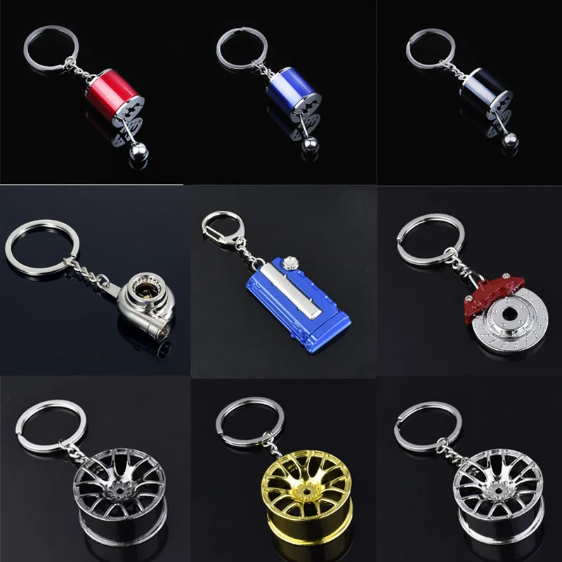 

Car Modified Metal Model Keychain Turbo Hood Wheel Hub Disc Brake Shift Lever Nitrogen Bottle Shock Absorbers Decoration Pendant