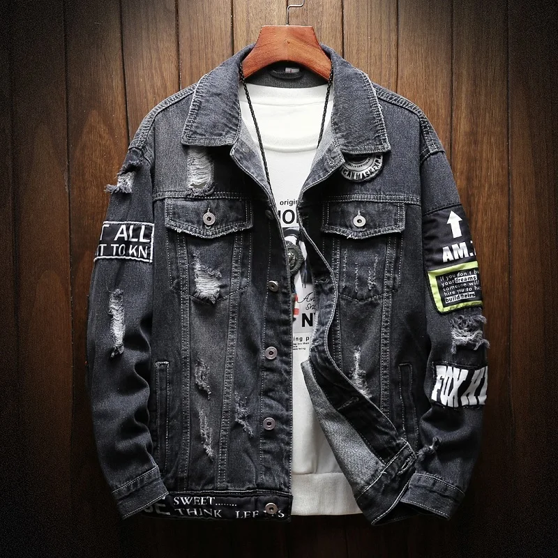 Fashion Men Denim Jacket Patch Designs Double Pocket Hole Men Jeans