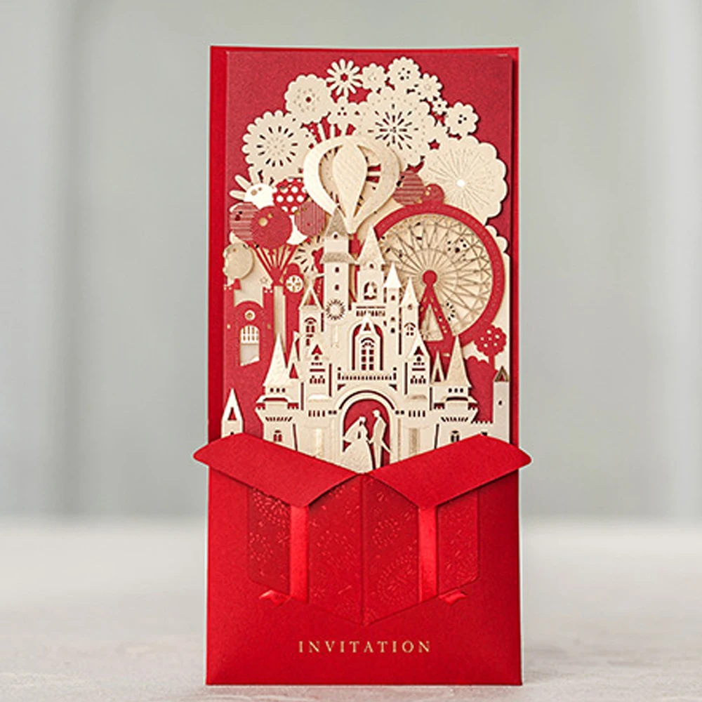  20Pcs Luxury Laser Cut 3D Pop Up Wedding Invitations Card with Envelops Elegant Gold & Red Customiz - 33020820064
