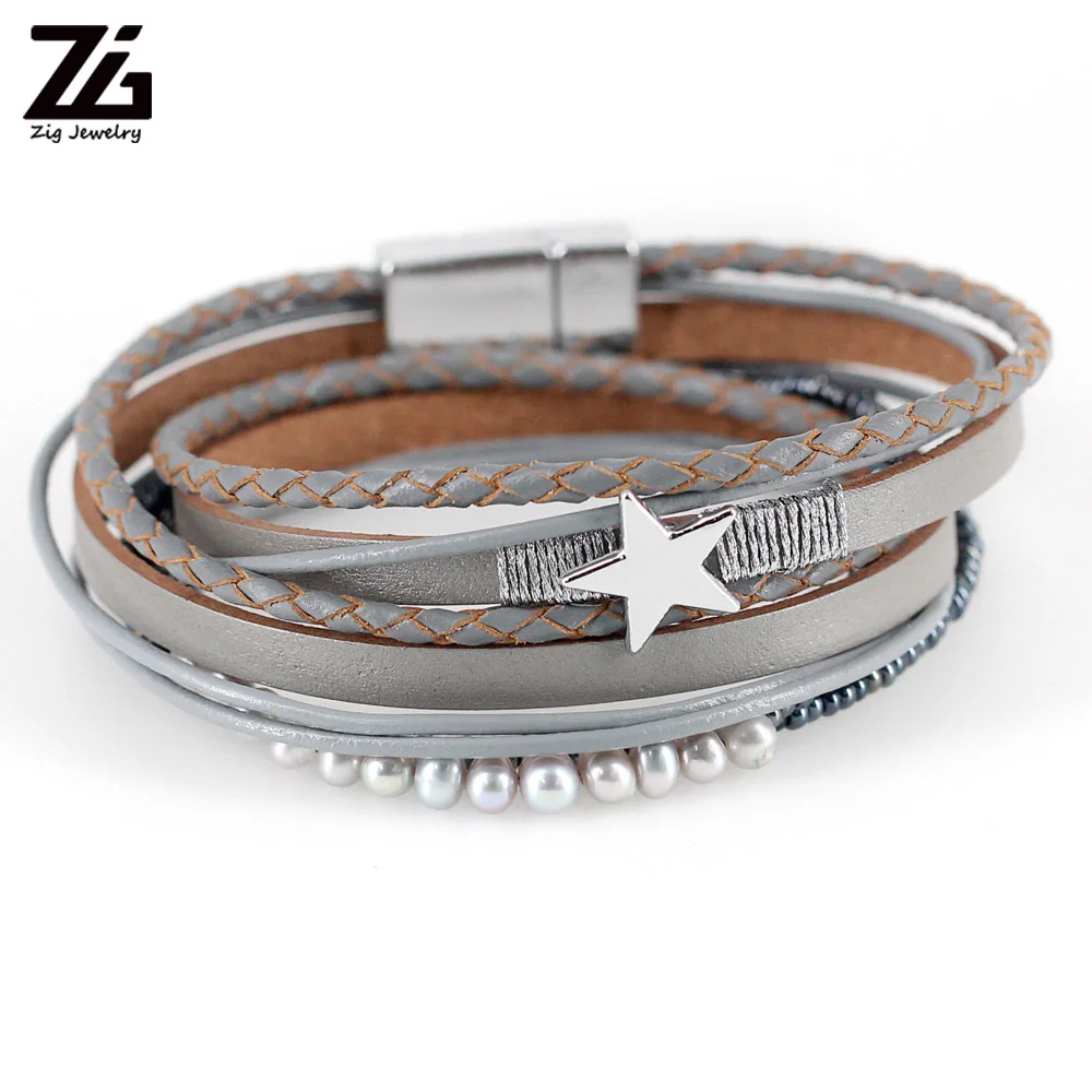 ZG мини пресноводные жемчужные бусы женский браслет сделанный кожаным ремешком с сияющей звездой очарование в серебряном цвете