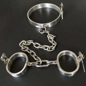 Price Stainlees Steel Neck Collar Chain Hand Cuffs Bondage Set Sex Games Slave BDSM Tools Handcuffs Fetish Toys For Adults Restraints