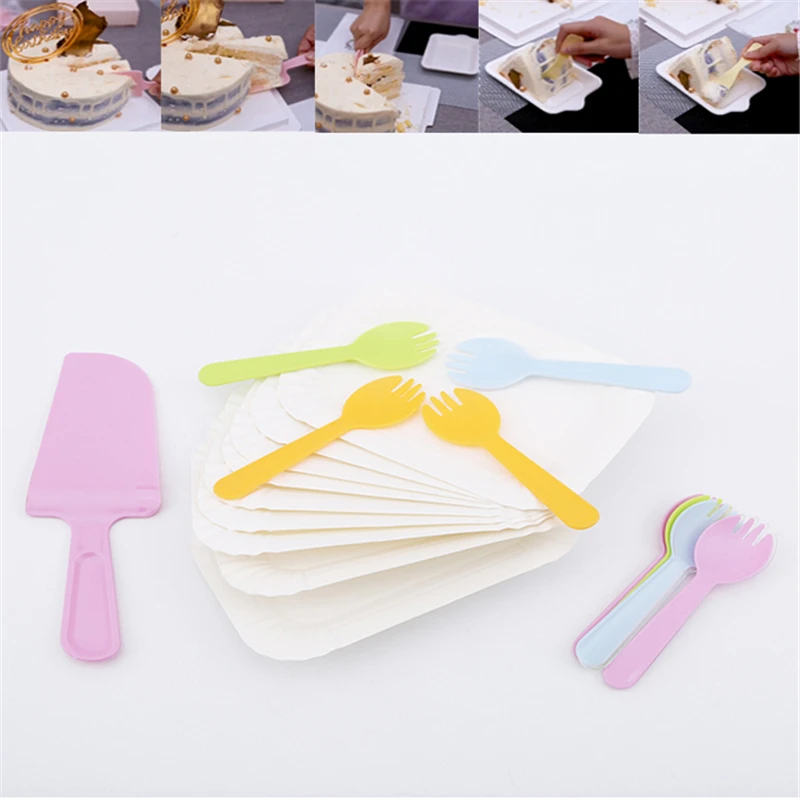 

Disposable Flatware Birthday Cake Dish Kinfe Forks Plates Suit eco-friendly Wedding/Party Supplies Candy Color Kitchen Tool