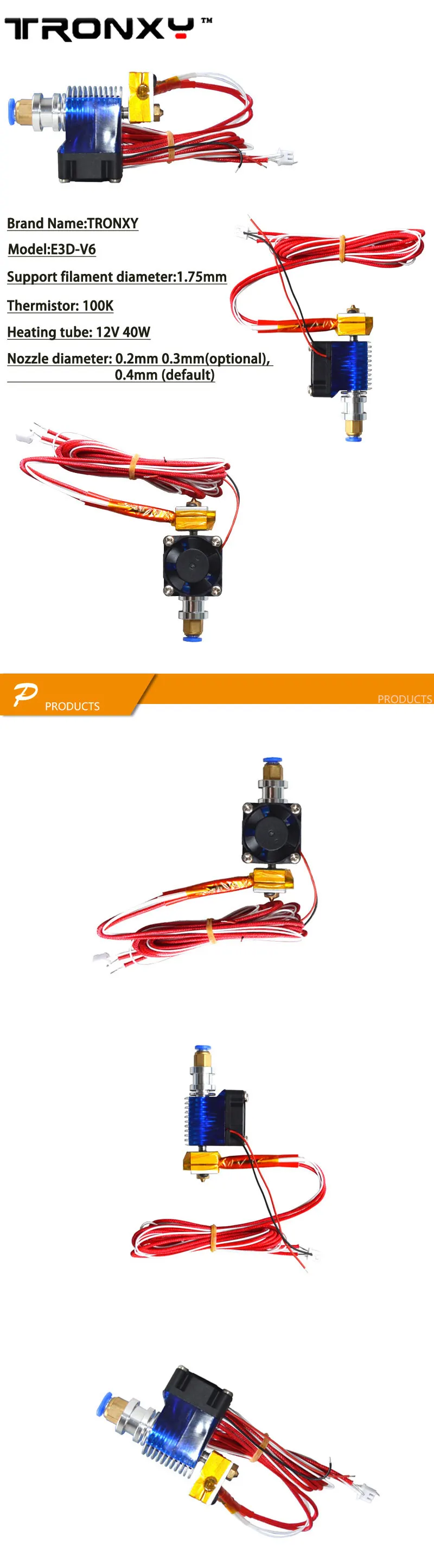 Tronxy hotend V6 J-heat с охлаждающим вентилятором для 3D принтера экструдер 1,75 мм диаметр нити длинные расстояния с тефлоновым термистором