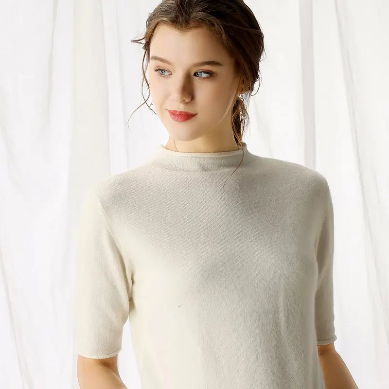 Новинка, весенне-летний женский свитер с круглым вырезом, пуловер с коротким рукавом, кашемир, базовая стильная футболка, джемпер, Одноцветный, повседневный 9203 - Цвет: Белый