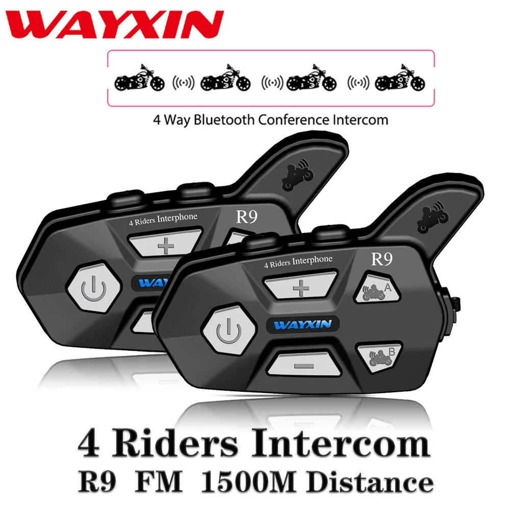 

WAYXIN New Helmet Headsets R9 2Pcs Bluetooth Intercom For Motorcycle 4 Riders Talking Same Time Bluetooth Intercom FM 4 Riders