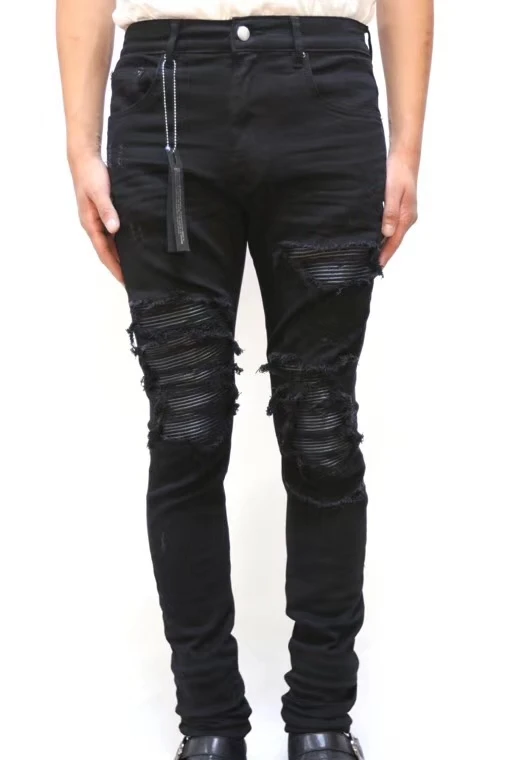 

New men Leather Ribbed Patches Distressed Skinny jeans