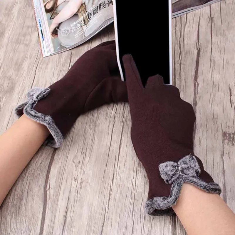 Элегантные женские перчатки для девочек с сенсорным экраном, шерстяные варежки с бантом, теплые зимние кашемировые перчатки