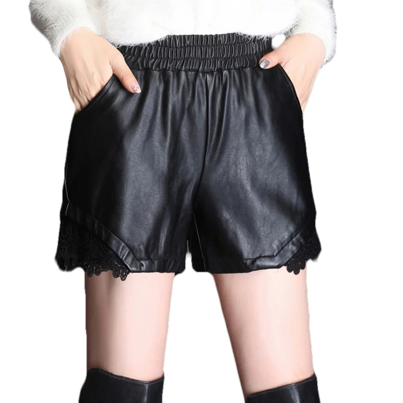 Новые зимние модные женские шорты тонкие панк-рок свободные с эластичной резинкой на талии женские кожаные шорты женские большие размеры