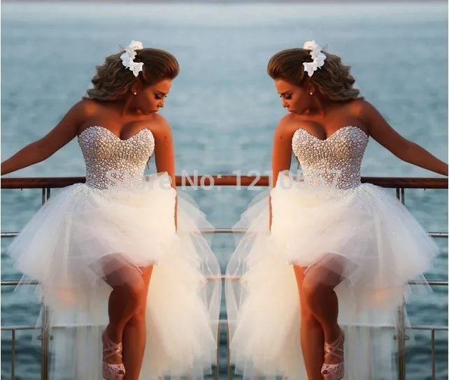 

Asymmetrical Cute High Low Sweetheart Organza White Pearl Wedding dresses