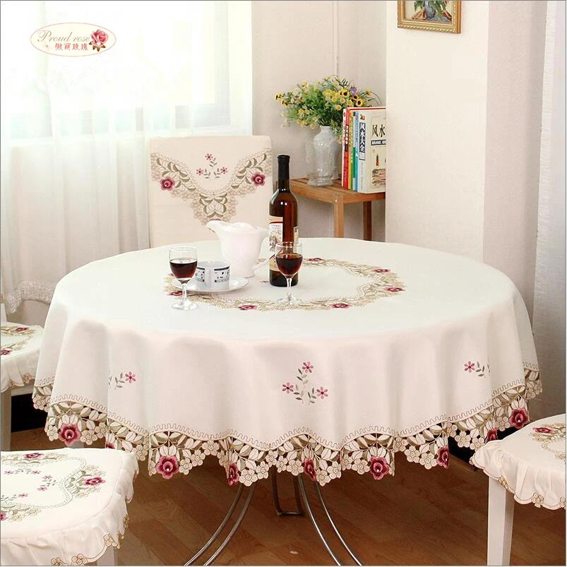 Proud Rose Round Tablecloth Beige Embroidered Tablecloths Table Cover Home Kitchen Supplies Table Decoration