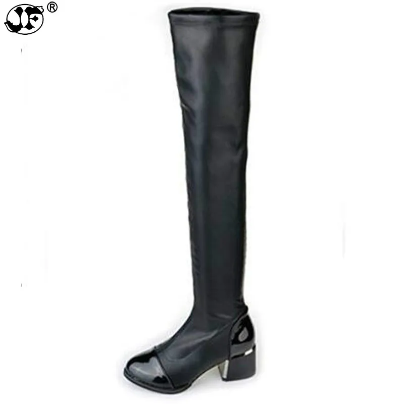 

2021 new Fashion PU Leather Over Knee Boots Women Sequined Toe Elastic Stretch Thick Heel High Riding Boots Big Size 856