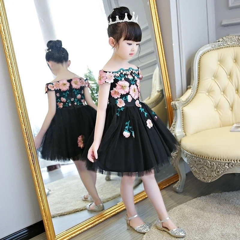 

Embroidery Ball Gown Kids Pageant Dress Birthday Princess Dresses Black Off Shoulder Flower Girls Dress Knee-Length Gowns A68