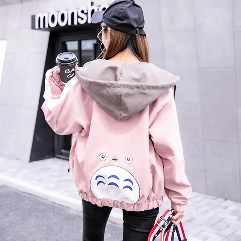 

2019 Autumn Jacket Womens Streetwear Patchwork Hooded Totoro Jackets Kawaii Basic Coats harajuku Outerwear chaqueta mujer