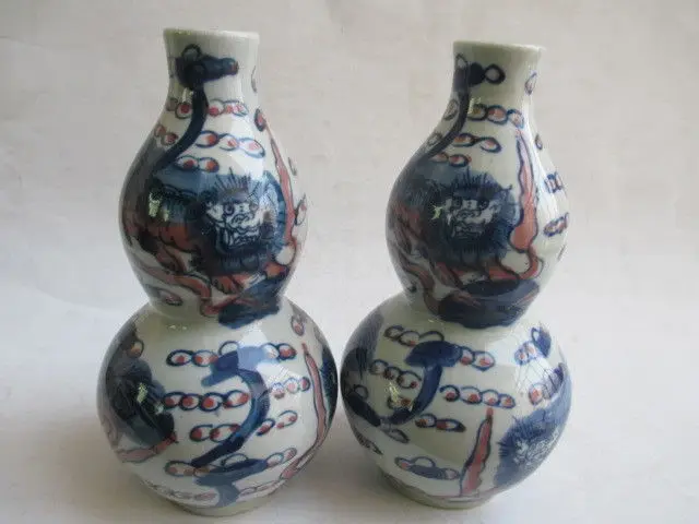 14 8 Cm A Pair Of Rare Chinese Lion Gourd Shape Ceramic Vase