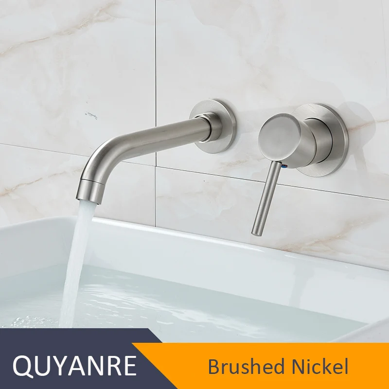 Brushed Nickel Quyanre матовый золотой кран для раковины, скрытый настенный кран, 360 вращение, одна ручка, кран для горячей и холодной воды, смеситель для ванны - Цвет: Brushed Nickel