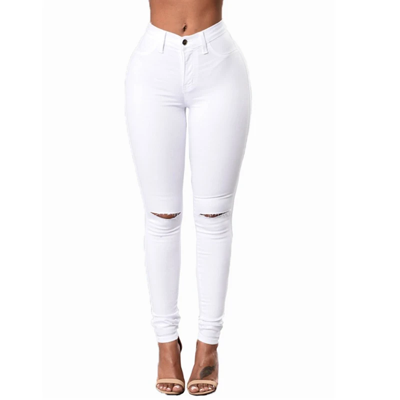 

solid casual Jeans Women High Waist Skinny Pencil Denim Pants embroidery ripped hole Elastic Stretch Jeans women slim fit jeans