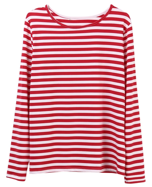 Casual Women Red White Striped Long Sleeve shirts Cotton Loose Shirt