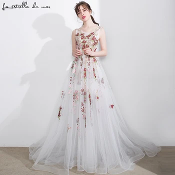 

boho bridesmaid dress long sexy V-neck tulle embroidery A Line ivory wedding party dress long maid of honor dresses for weddings