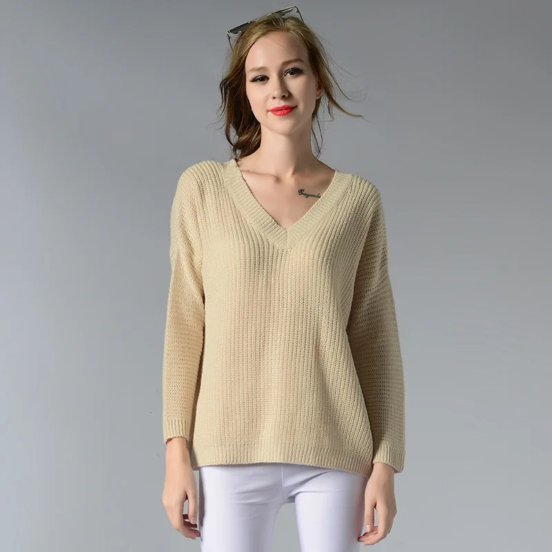 Backless Loose Sweaters and Pullovers Women V neck Cotton Bottoming